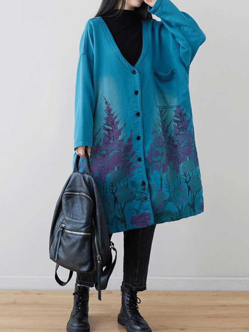 Lake Blue V-Neck Button Front Forest Print Pocket Loose Longline Coat 3