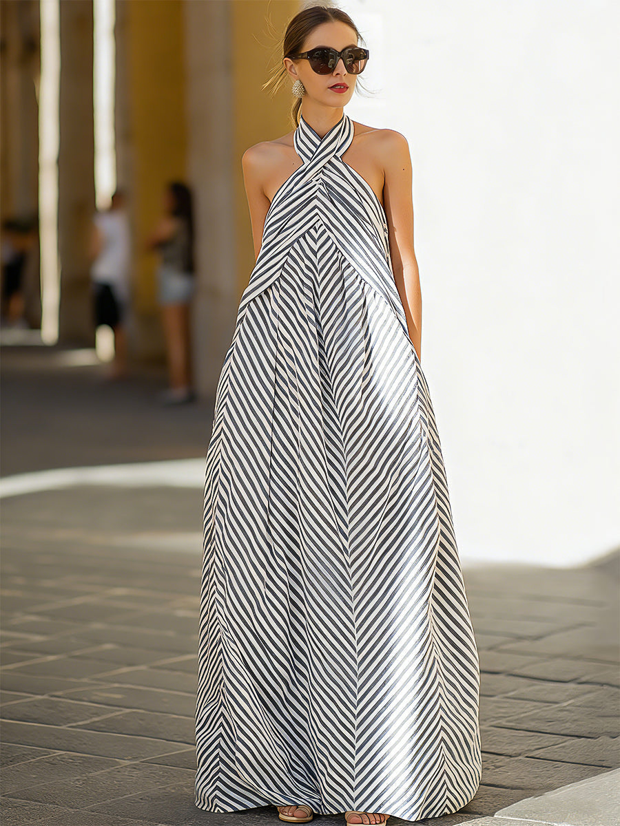 Cross Halter Neck Chevron Stripe Flowy A-Line Maxi Dress 6