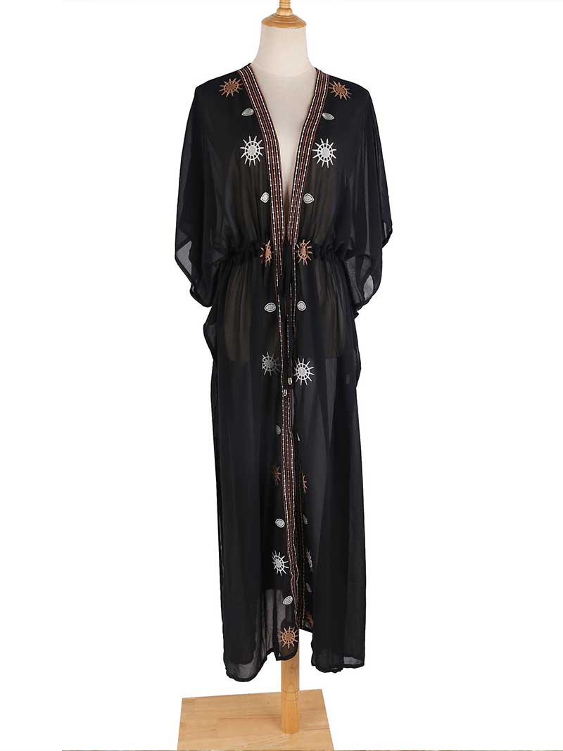Black Sun Embroidered Mirror Sheer Tie Waist Long Kimono