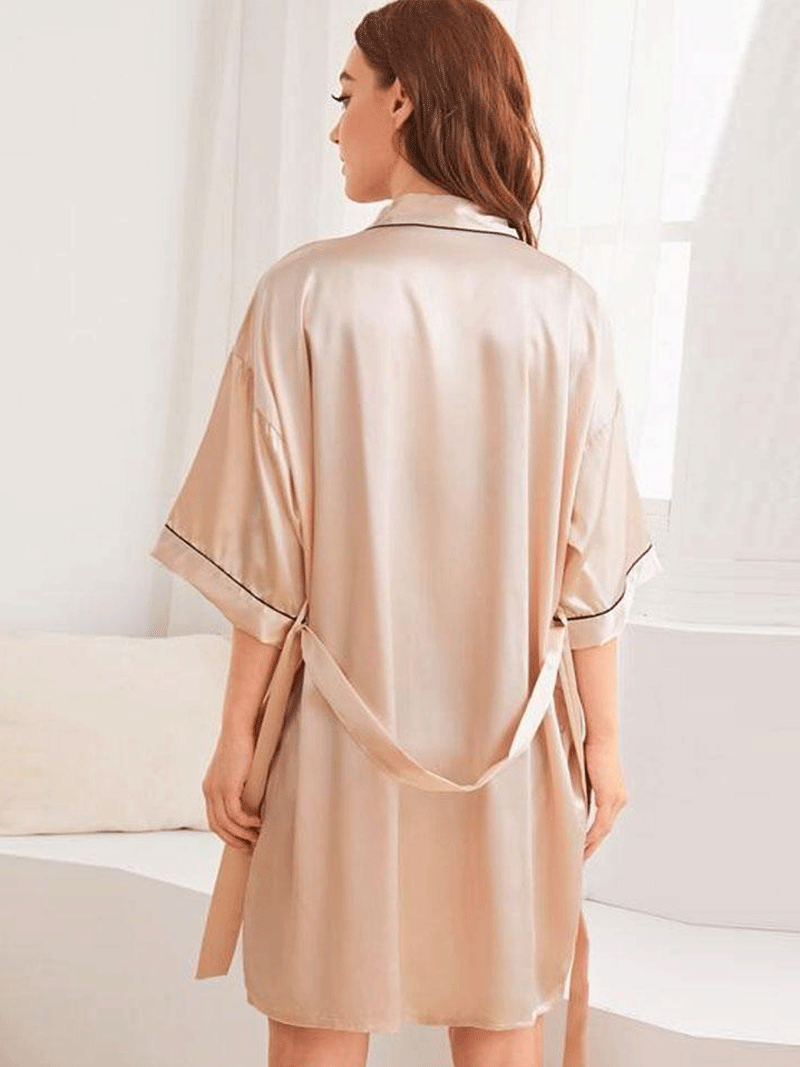 Beige Contrast Piping Satin Belted Short Kimono Robe 2