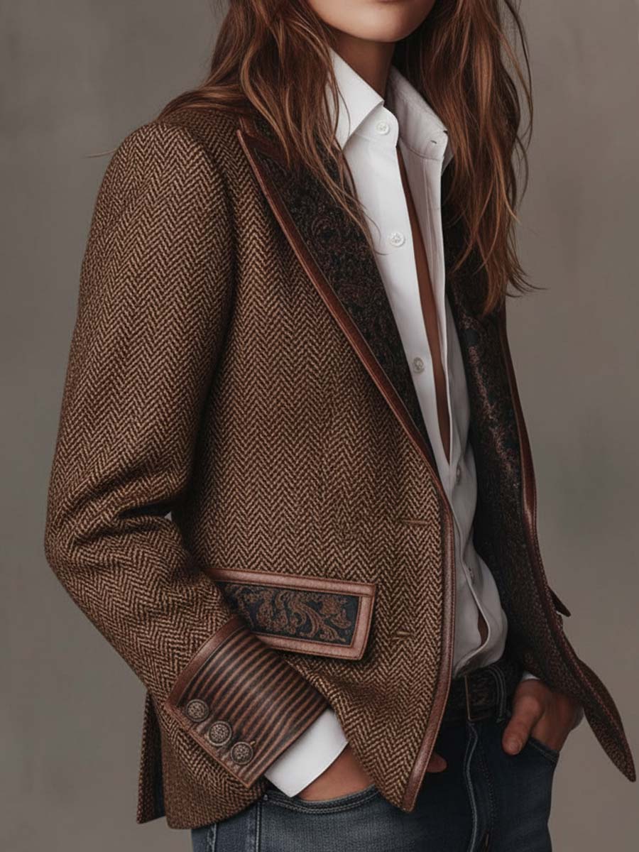 Brown Peak Lapel Herringbone Tweed Paisley Panel Leather Trim Blazer 9