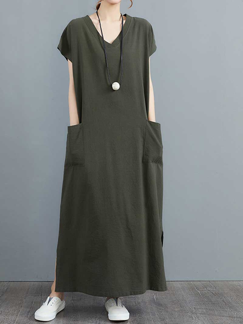 V-Neck Short Sleeve Patch Pocket Side Slit Loose Maxi Dress 2