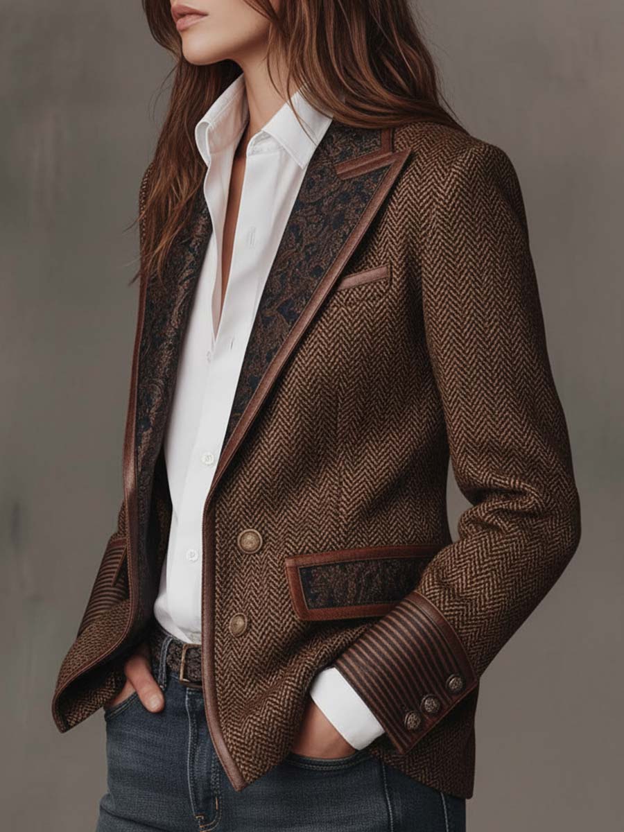 Brown Peak Lapel Herringbone Tweed Paisley Panel Leather Trim Blazer 10