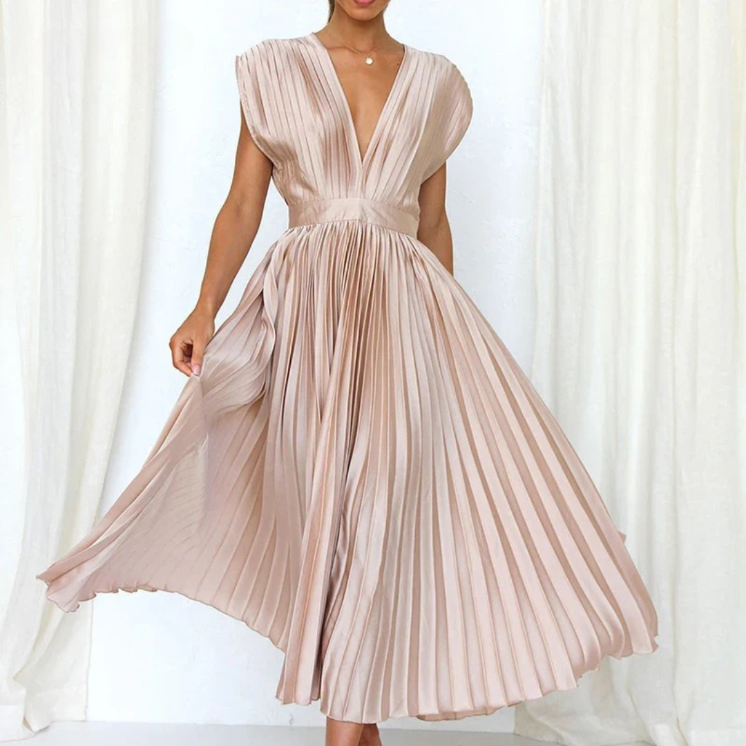 V-Neck Cap Sleeve Pleated Satin A-Line Midi Dress 8