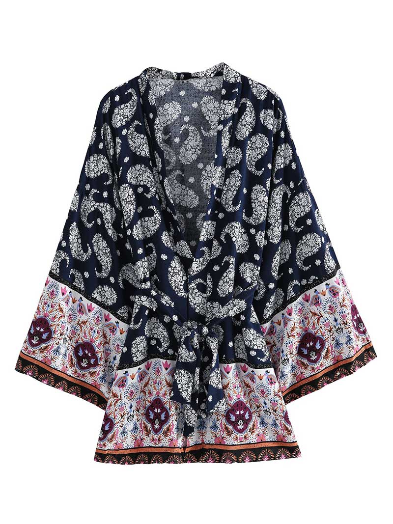 Navy Blue Paisley Floral Print Belted Short Kimono Robe
