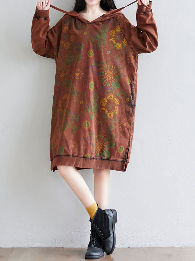Hooded Floral Print Drawstring Long Sleeve Sweatshirt Midi Dress