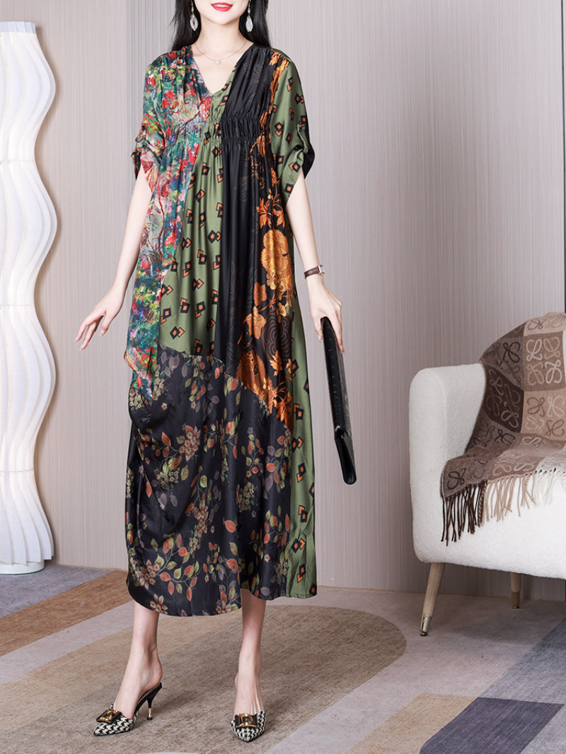 Multi Color V-Neck Short Sleeve Floral Patchwork Ruched Waist Loose Midi Dress