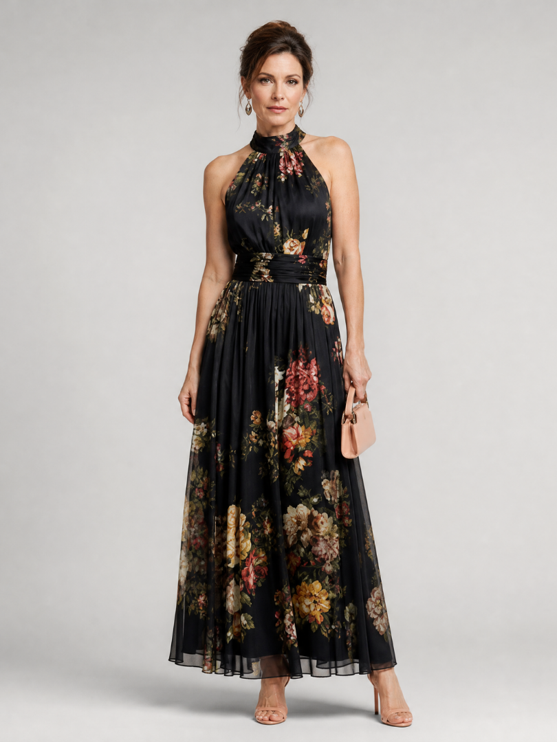 Black Halter Neck Floral Print Ruched Waist Sleeveless Pleated Maxi Dress