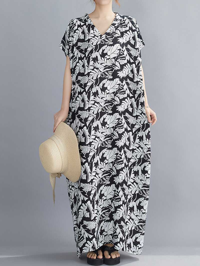 Black V-Neck Short Sleeve Leaf Print Loose Kaftan Maxi Dress