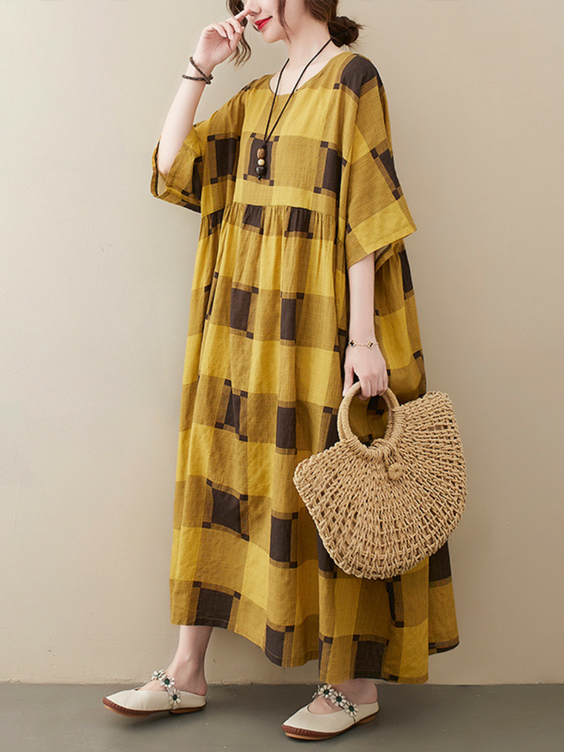 Round Neck Plaid Short Sleeve Smock Loose A-Line Maxi Dress 4