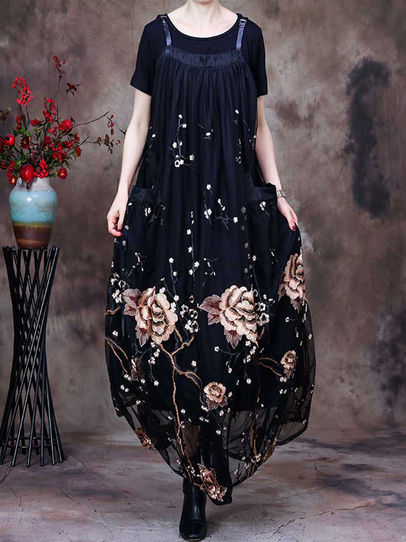 Adjustable Strap Rose Embroidered Mesh A-Line Pinafore Maxi Dress
