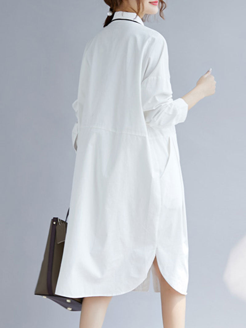 White Collared Button-Down Long Sleeve Loose Shirt Midi Dress 2
