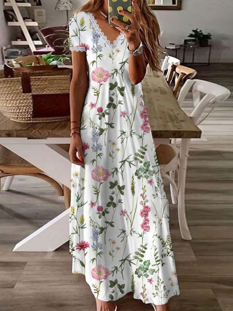 Garden Print V-Neck White Maxi Summer Dress