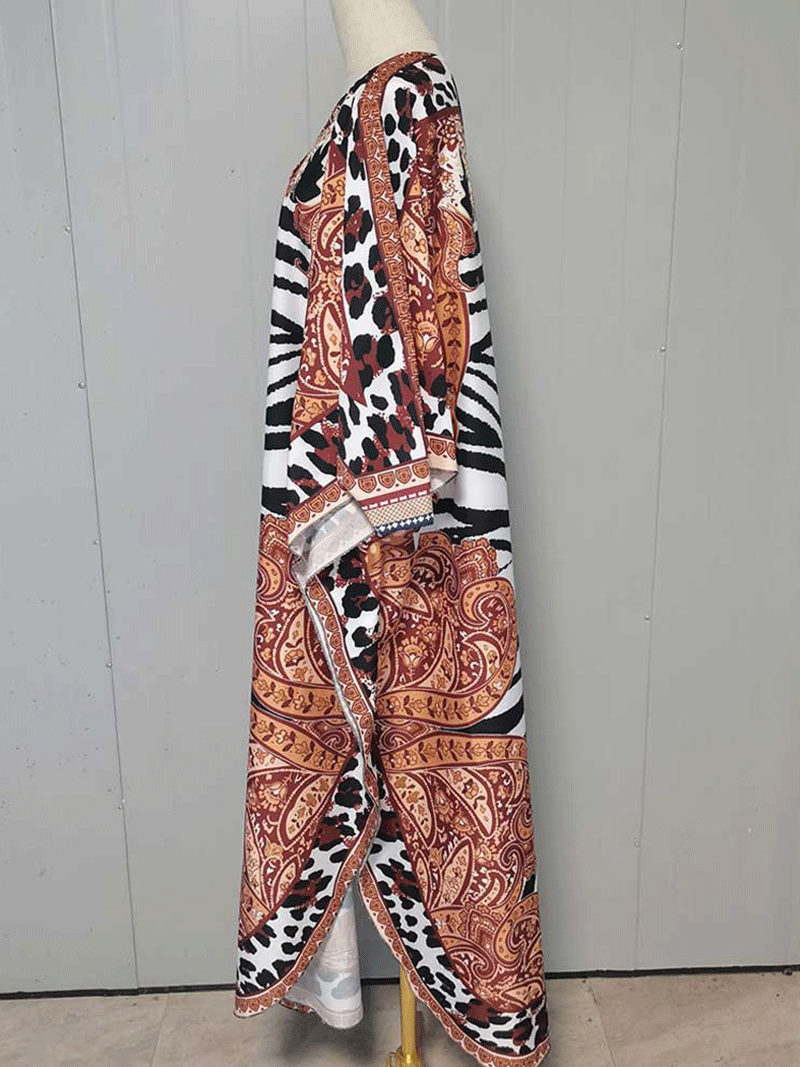 Multicolor Split Neck Zebra Paisley Print Batwing Sleeve Kaftan Maxi Dress 3