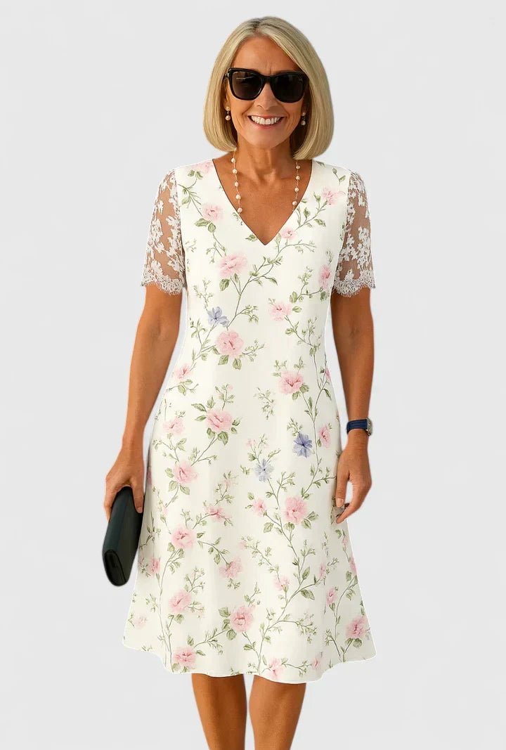 V-Neck Floral Print Lace Sleeve A-Line Midi Dress
