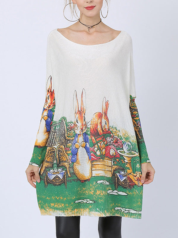 Boat Neck Rabbit Print Batwing Sleeve Loose Knit Sweater