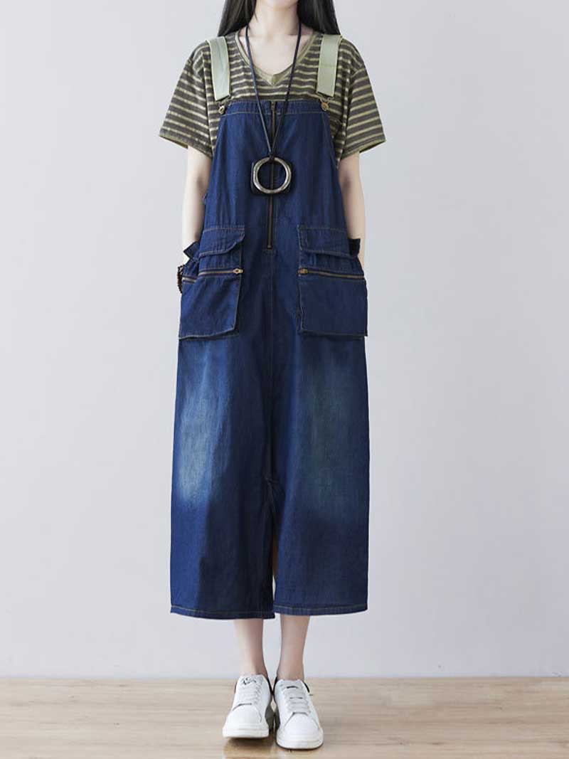 Dark Blue Adjustable Strap Washed Denim Pocket Overall Midi Dress
