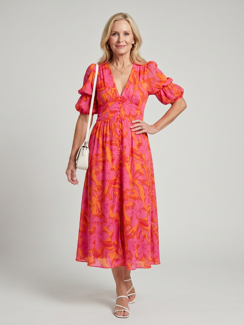 Multicolor V-Neck Puff Sleeve Floral Print Button Front A-Line Midi Dress