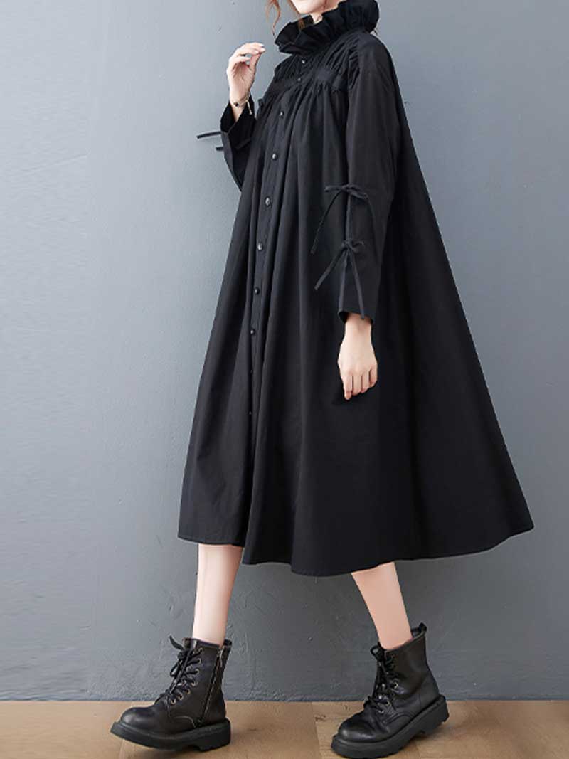 Black Ruffle Collar Button Front Tie Sleeve Loose Swing Midi Dress