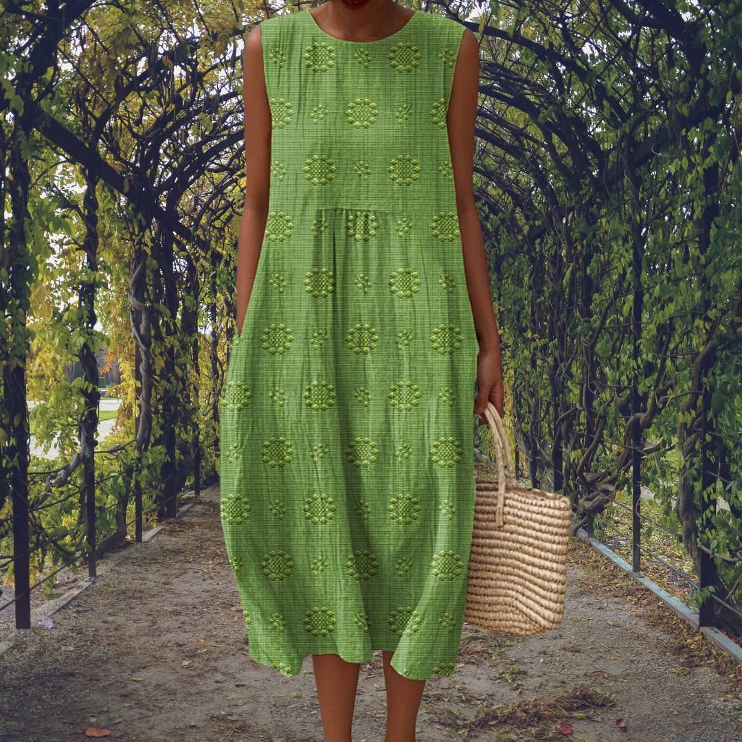 Round Neck Textured Floral Jacquard Sleeveless Pocket Midi Dress