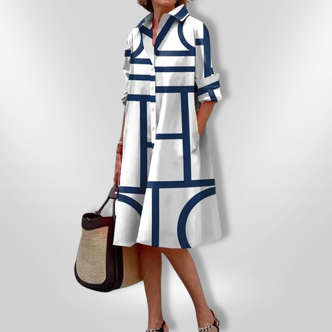 Collared Geometric Print Long Sleeve Button Front Shirt Midi Dress 5