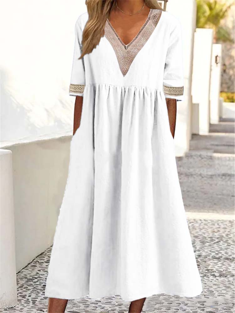 Relaxed V-Neck Chambray Side Pocket Midi Dress