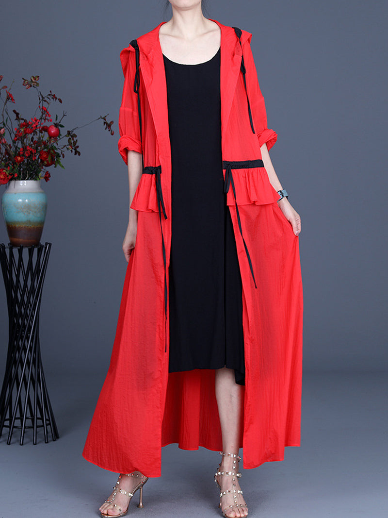 Hooded Drawstring Ruffle Pocket Open Front Long Duster Coat