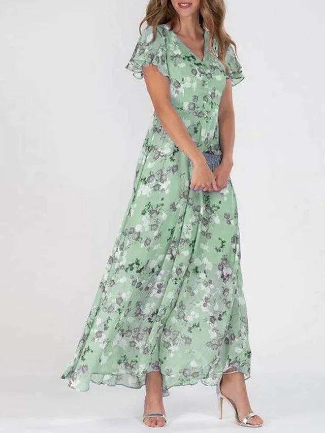 V-Neck Flutter Sleeve Floral Print Flowy A-Line Maxi Dress