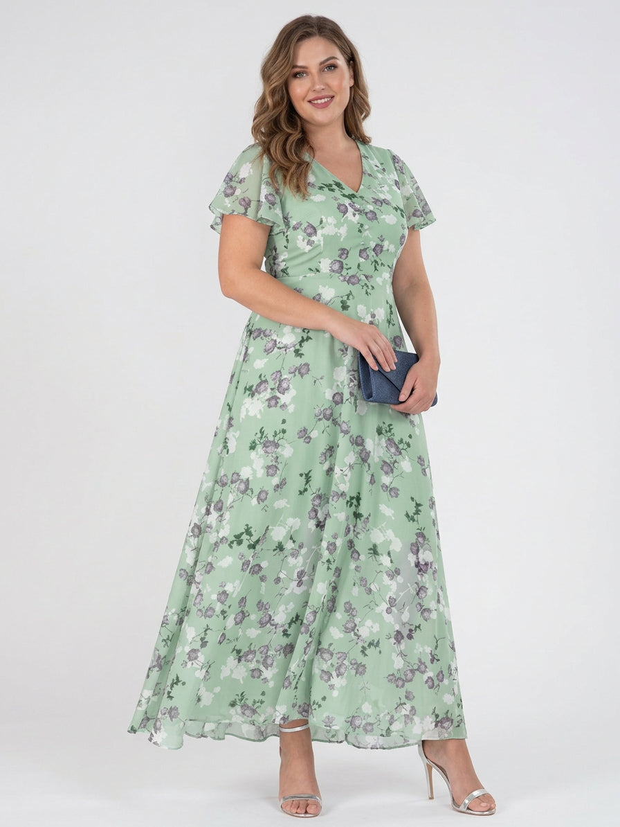 V-Neck Floral Print Chiffon Flutter Sleeve A-Line Maxi Dress 2