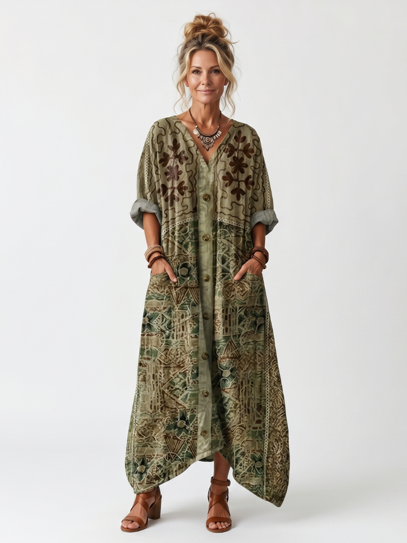 Green V-Neck Button Front Contrast Panel Embroidered Pocket Maxi Dress