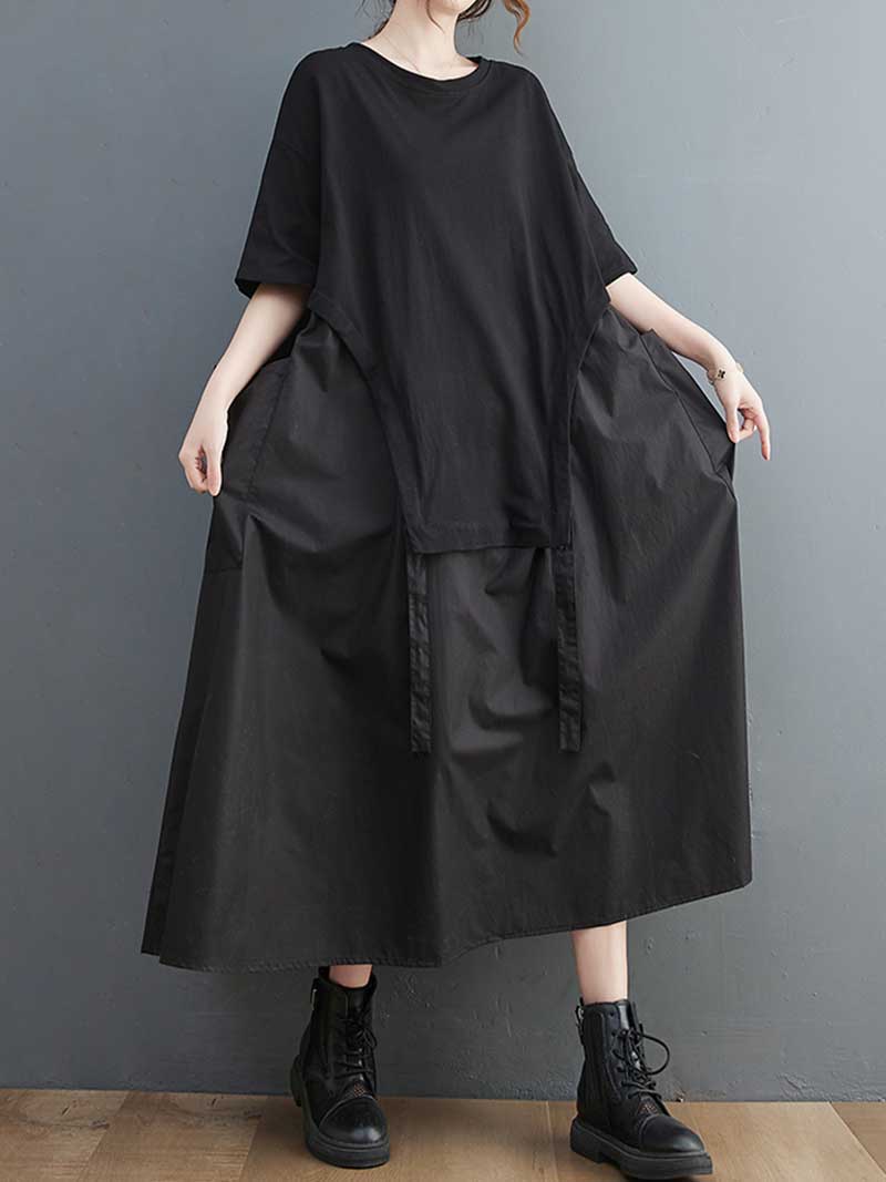 Black Round Neck Short Sleeve Layered Loose A-Line Maxi Dress
