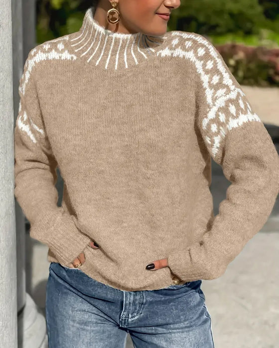 High Neck Fair Isle Trim Knitted Sweater 2