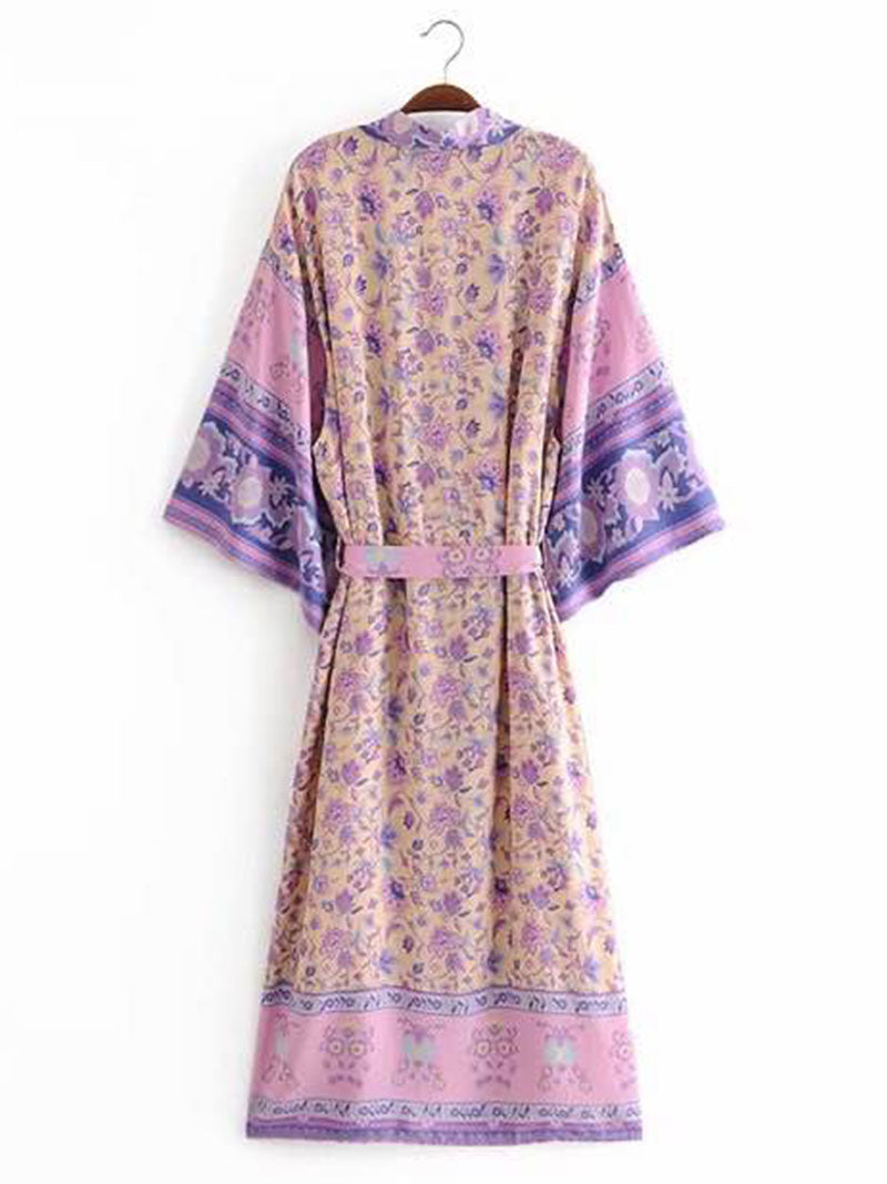 Violet Bohemian Floral Print Belted Long Kimono Robe