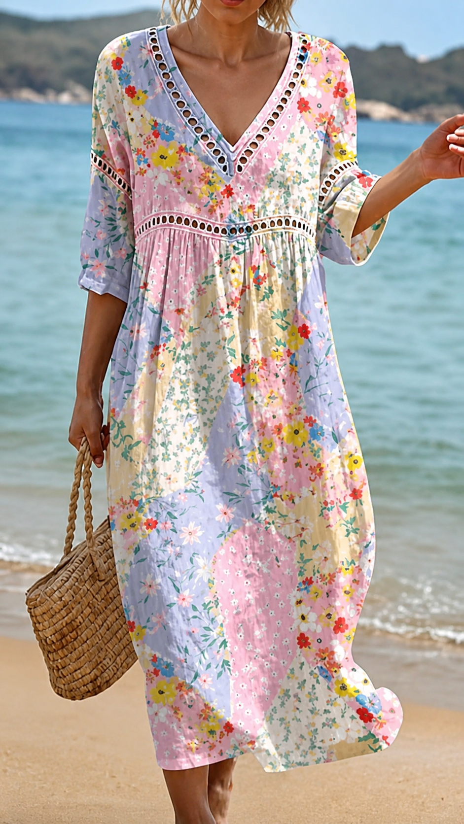 V-Neck Ditsy Floral Half Sleeve Crochet Trim Empire Maxi Dress
