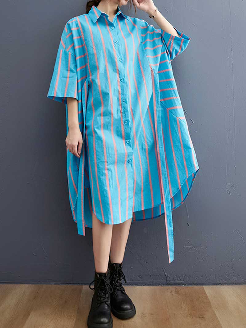 Blue Collared Striped Button-Up High-Low Shirt Midi Dress