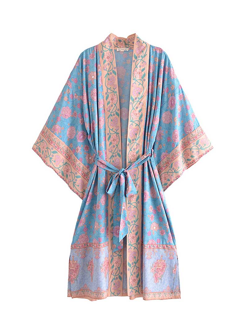 Blue Floral Print Belted Kimono Sleeve Long Duster Robe