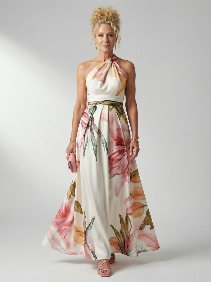 Halter Neck Twist Floral Print Satin A-Line Gown