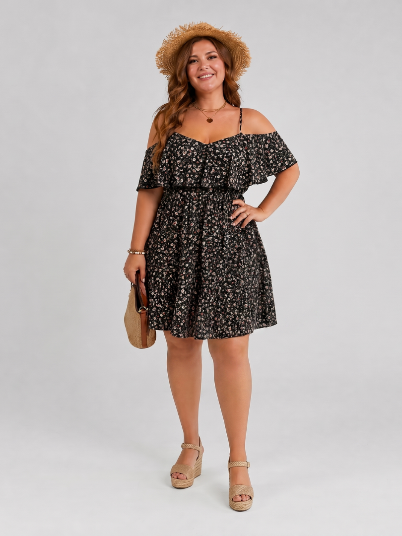 Floral Cold Shoulder Ruffle Overlay Ditsy Floral A-Line Mini Dress 2