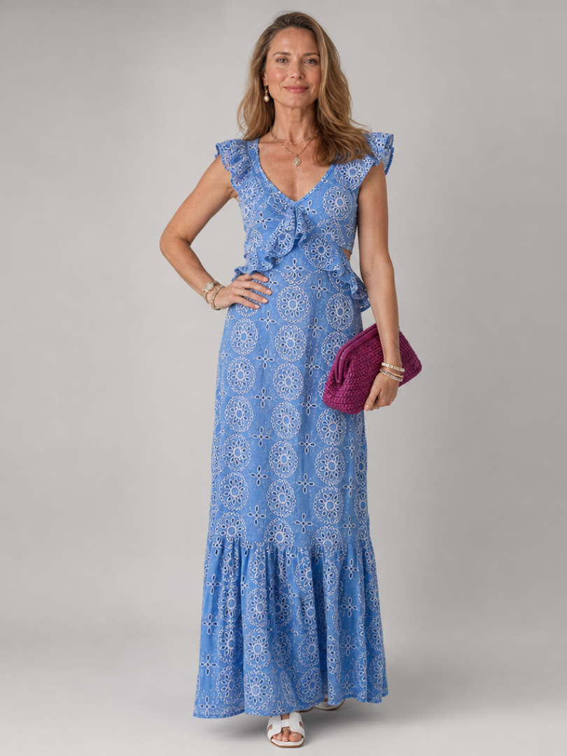 Sky Blue V-Neck Ruffle Flutter Sleeve Eyelet Embroidery Cutout A-Line Maxi Dress
