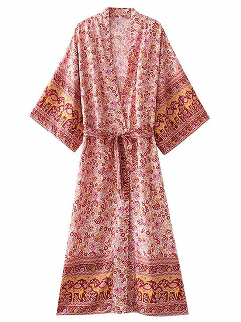 Pink Bohemian Floral Elephant Border Belted Long Kimono Robe