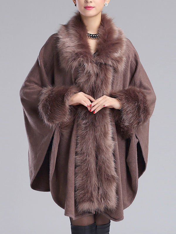 Faux Fur Trim Open Front Batwing Knit Cape Cardigan 4