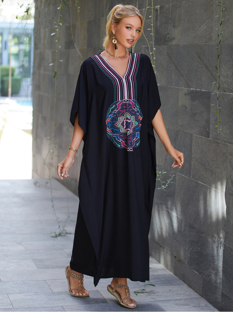 Black V-Neck Batwing Sleeve Embroidered Medallion Kaftan Maxi Dress