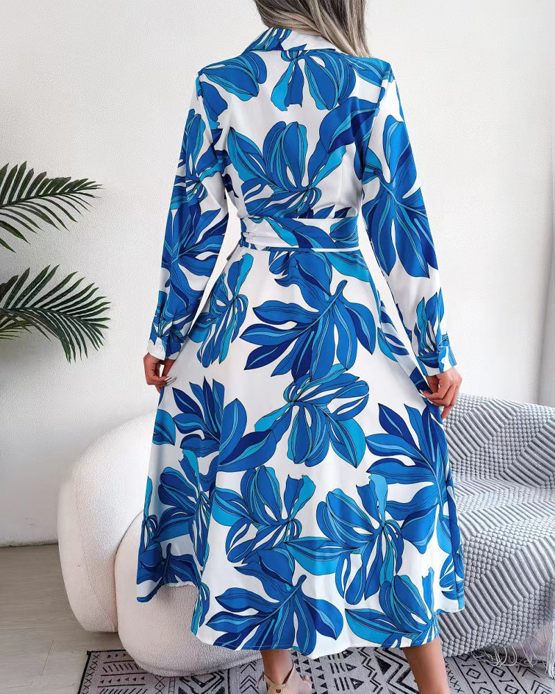 Floral Print Lapel Shirt Dress with Contrast