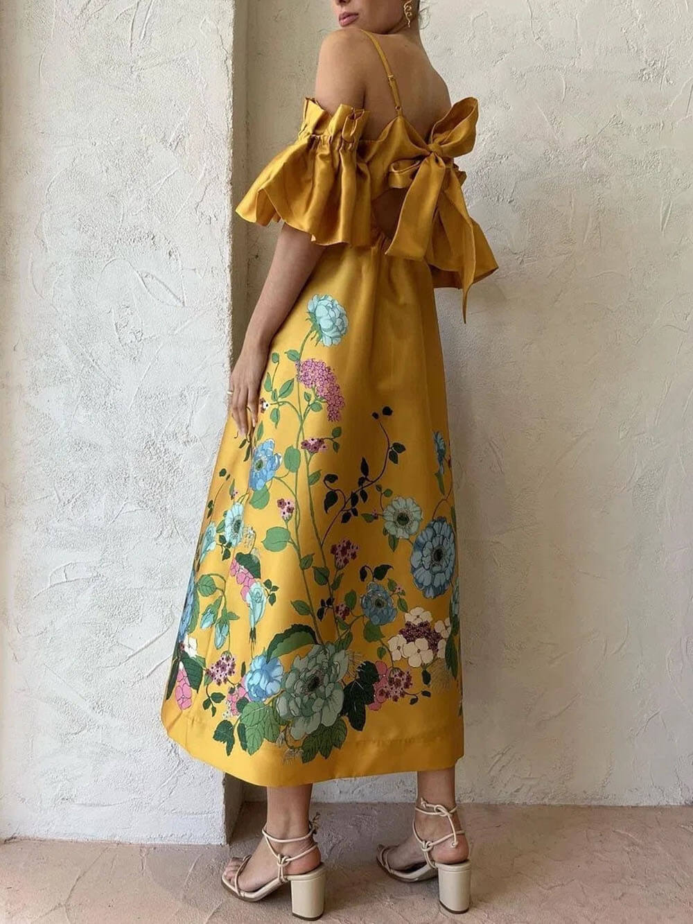 Marigold Printed Gathered Sleeve Pocketed A - Line Midi Dress