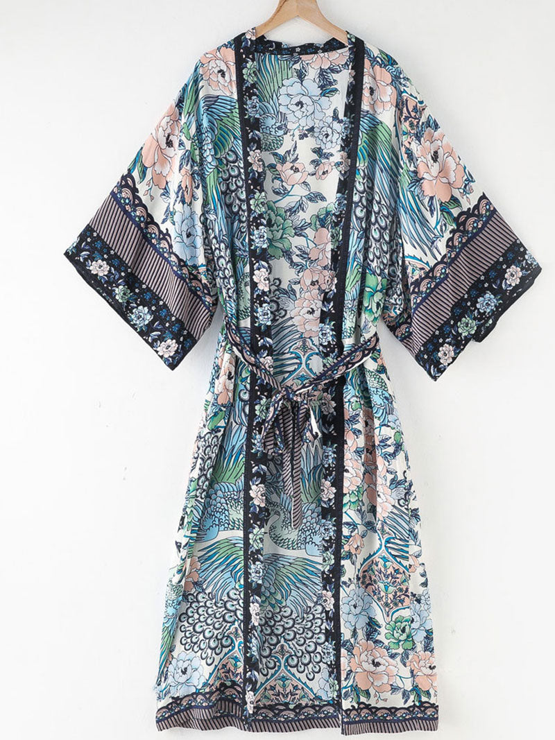 Floral Peacock Print Open Front Long Kimono Duster