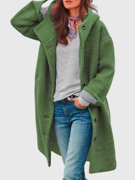 Hooded Button Front Long Sleeve Longline Wool Coat