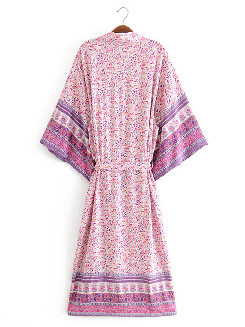 Ditsy Floral Print Wide Sleeve Bordered Long Kimono Robe