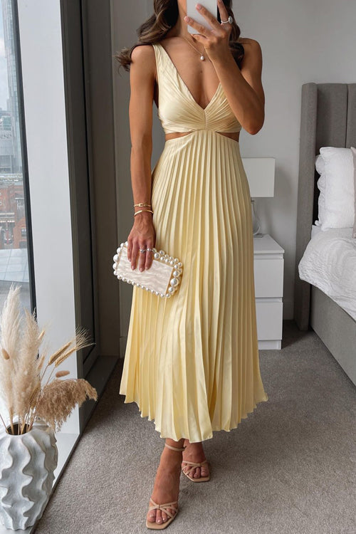 V-Neck Satin Cutout Waist Pleated A-Line Maxi Dress 2