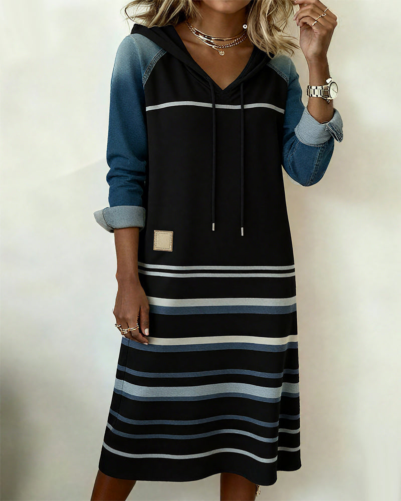 Hooded Drawstring Colorblock Stripe Long Sleeve Sweatshirt Midi Dress 7