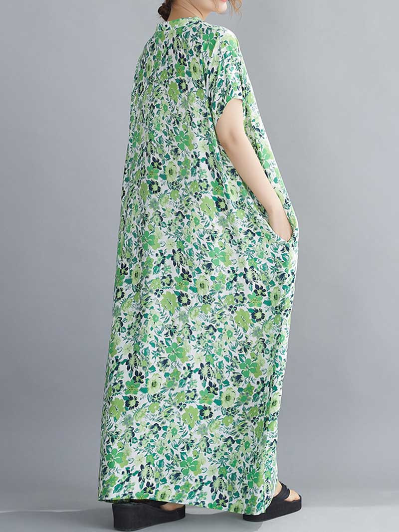 Multicolor V-Neck Floral Print Short Sleeve Loose Kaftan Maxi Dress